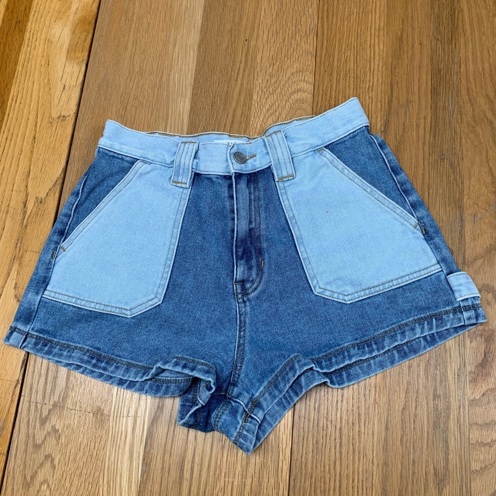 PacSun Two Tone Colorblock Carpenter Denim Shorts‎ Blue High Waisted Size 28